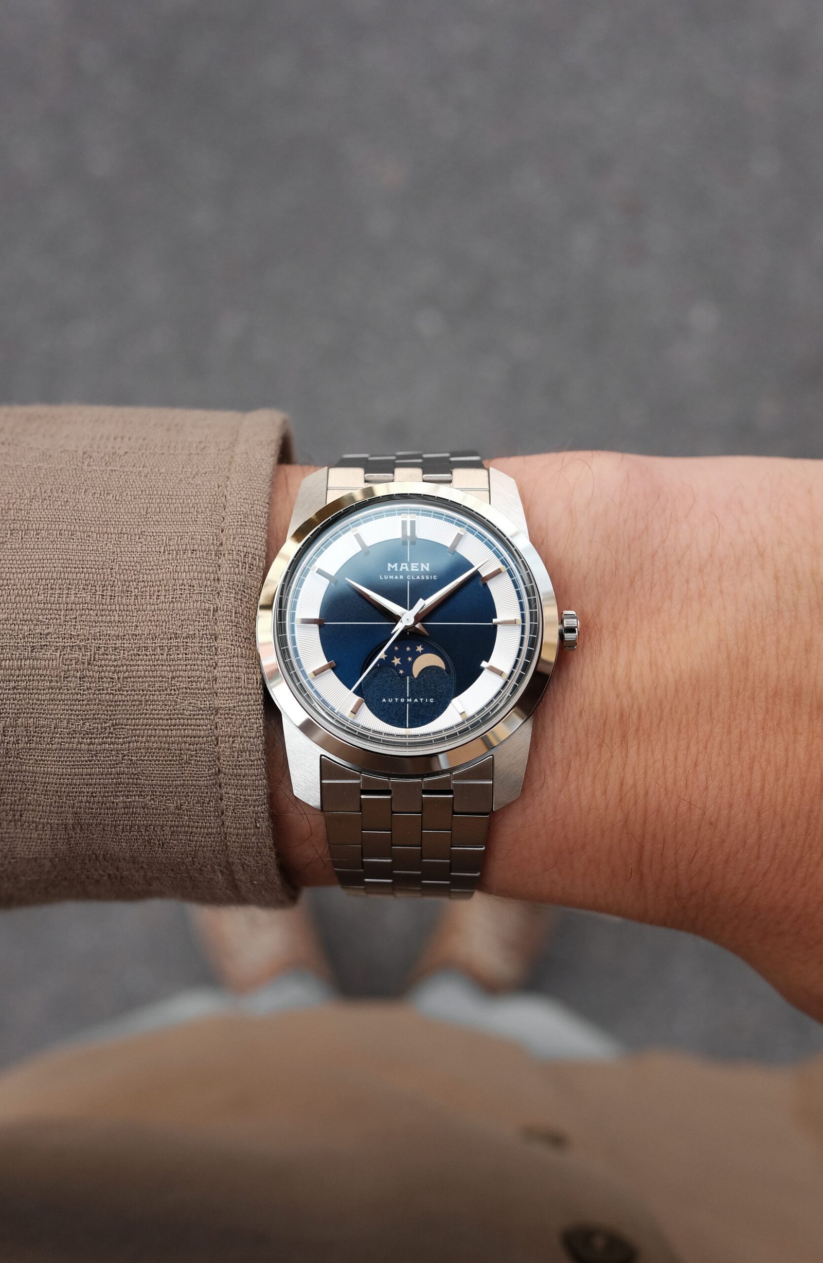 MAEN Lunar Classic 36 Midnight Blue Wristshot - Courtesy of Maen