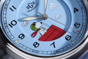 RGM Model 151 Snoopy Flying Ace Matte Light Blue Dial Closeup - Courtesy of RGM