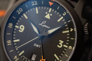 Laco Frankfurt 40 GMT Black Dial Closeup - Courtesy of Laco